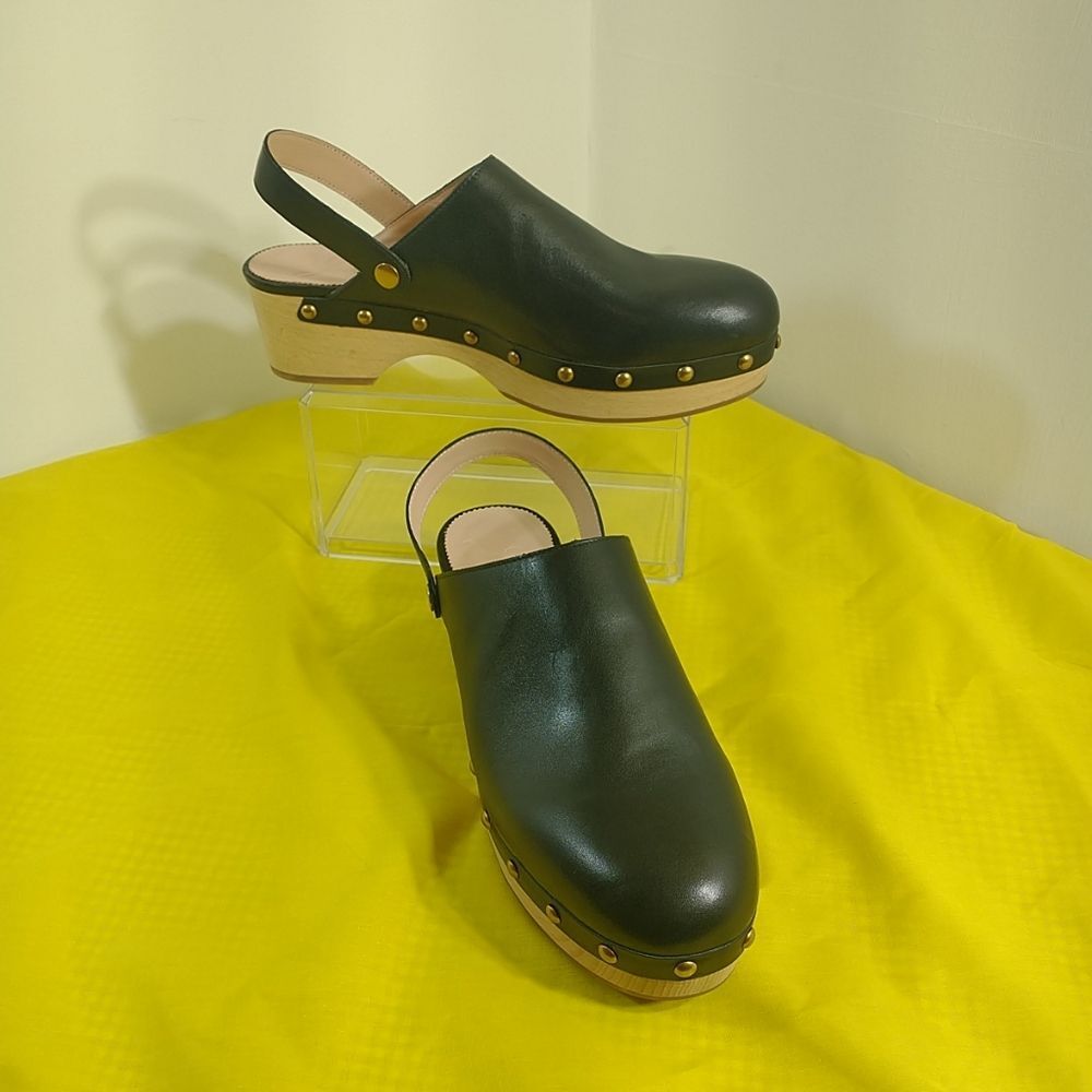 J. Crew Black Leather Mules with Tan Wooden Heel